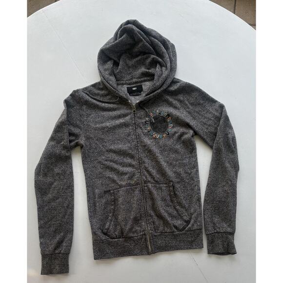 Obey Zip Up Hoodie Embroidered Graphic Gray Sweatshirt Thumb Holes Womens XS - Picture 3 of 5